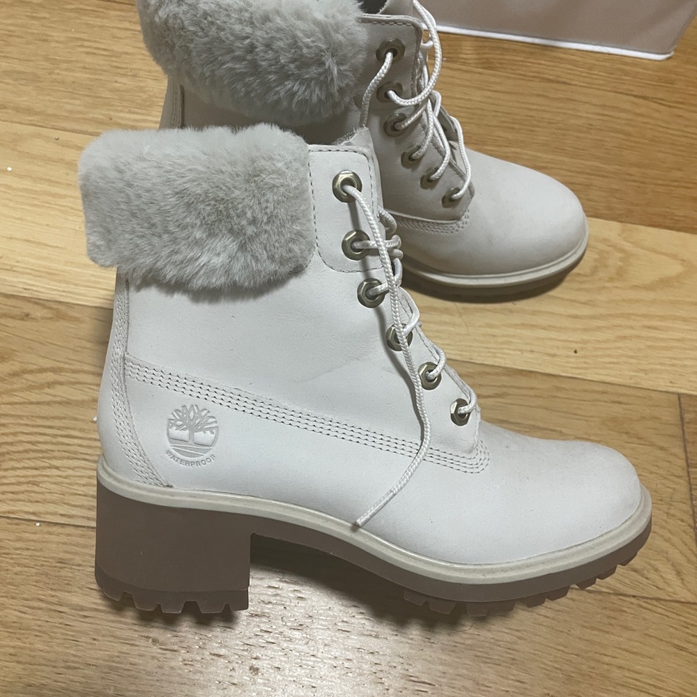 Timberland White and Gray Winter Rain Boots with Fur Trim